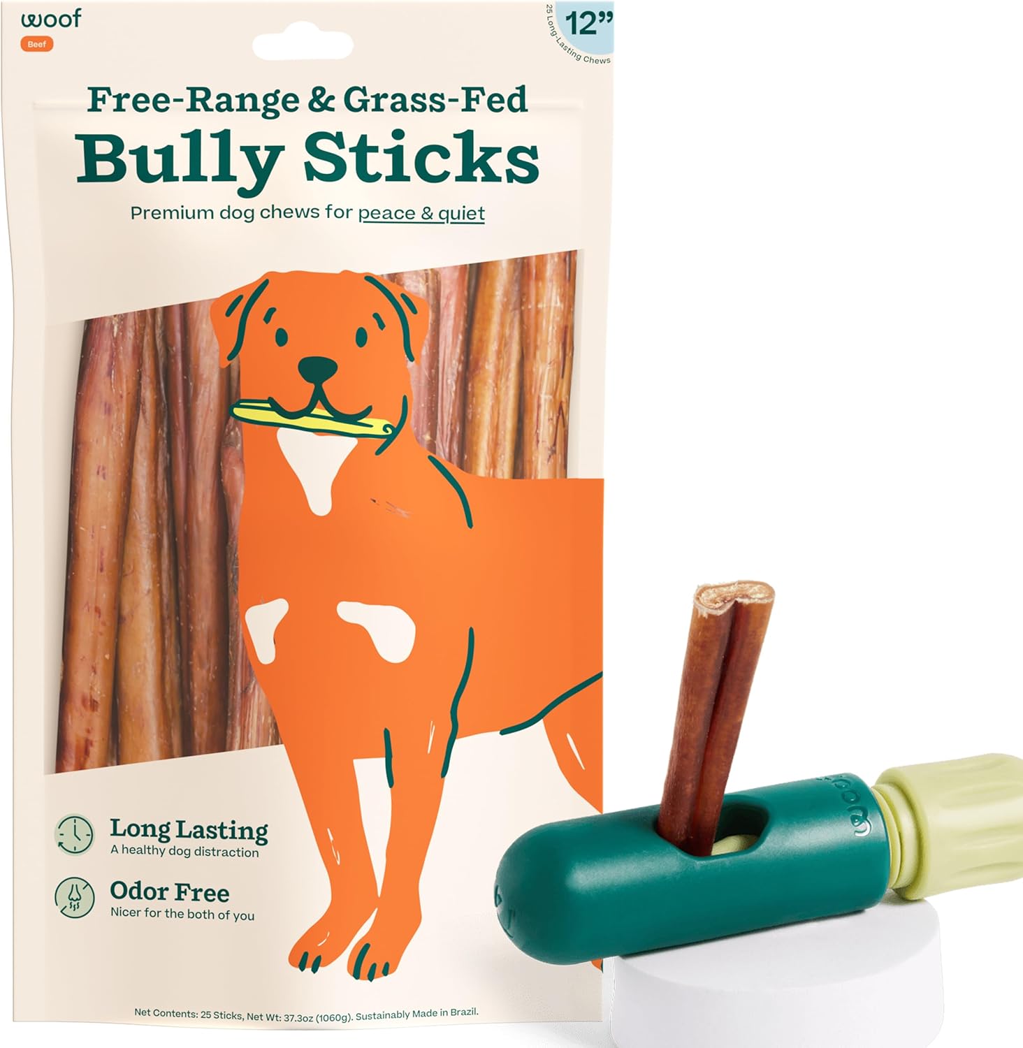 Woof Bullysafe And Bully Sticks - Nutritious Chew Sticks For Dogs And Bully Stick Holder For Safe, Long-Lasting Play - No More Swallowed Ends - 12" Sticks - 25 Pack