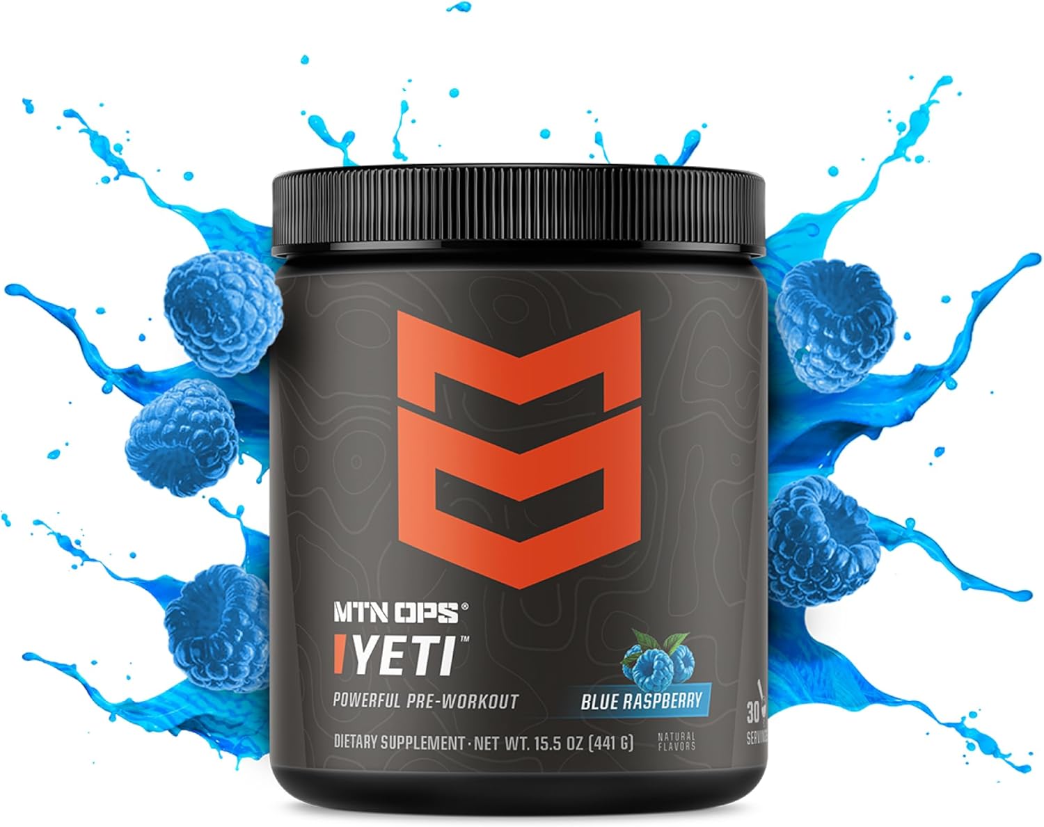 Mtn Ops Yeti Monster Pre-Workout Powder Energy Drink, 30-Serving Tub, Blue Raspberry