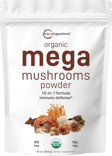 Micro Ingredients Organic Mega Mushroom 10 In 1 Complex Formula Powder For Immune System Booster, 10 Ounce (284 Days Supply), Chaga, Lions Mane, Cordyceps, Reishi & More, Filler Free, Vegan