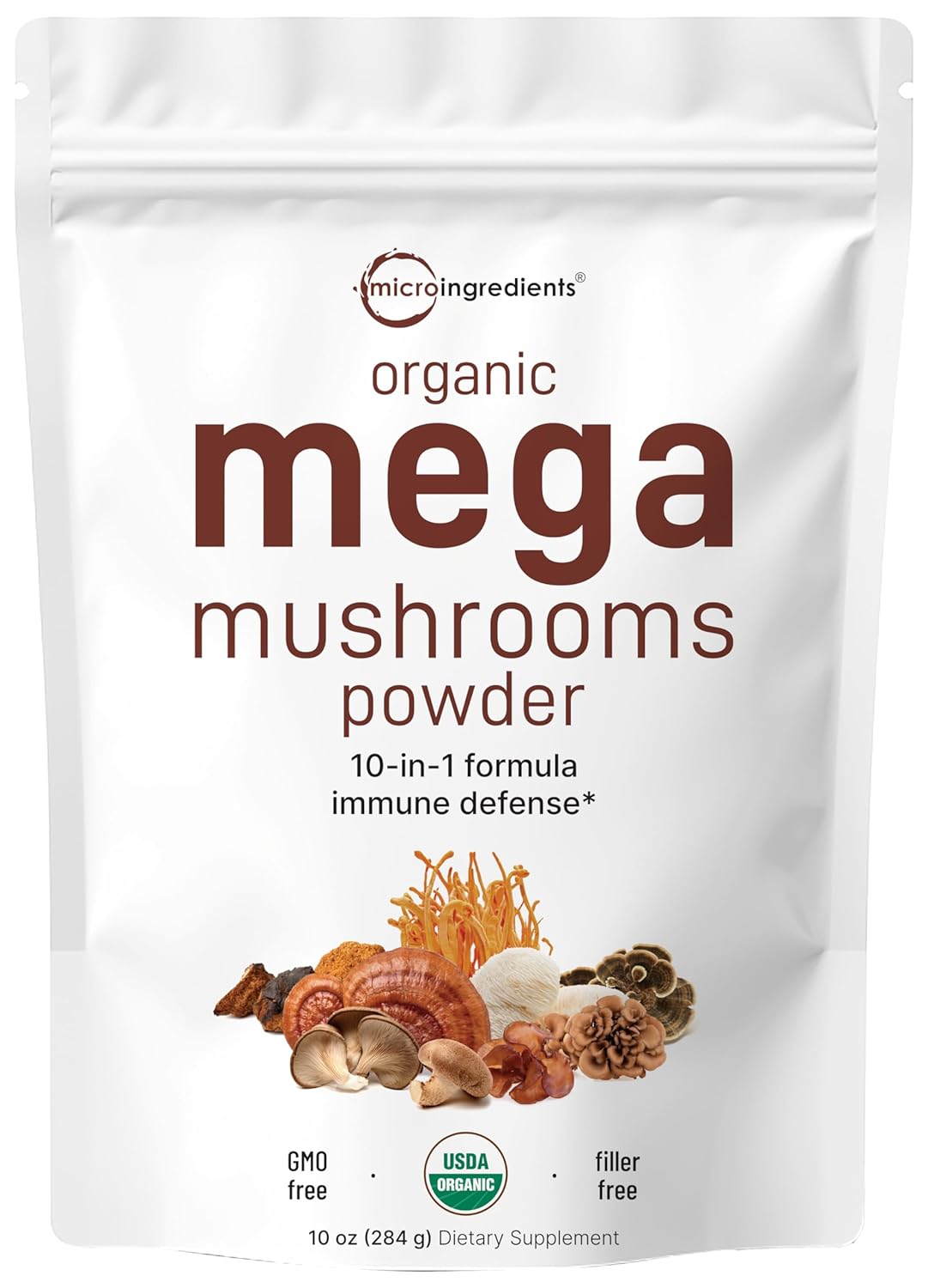 Micro Ingredients Organic Mega Mushroom 10 in 1 Complex Formula Powder for Immune System Booster, 10 Ounce (284 Days Supply), Chaga, Lions Mane, Cordyceps, Reishi & More, Filler Free, Vegan