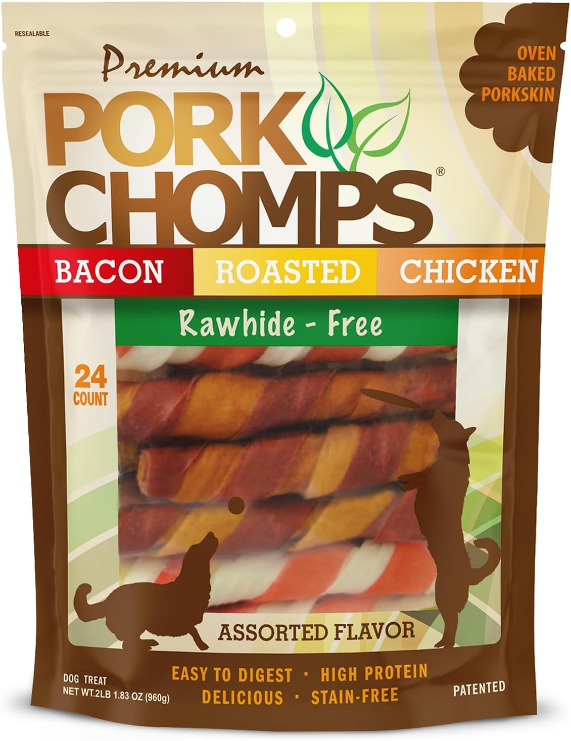 Pork Chomps Baked Pork Skin Dog Chews, 6-Inch Twists, Assorted Flavors, 24 Count