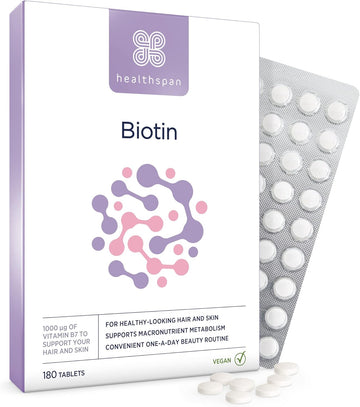 Healthspan Biotin 1,000µg (6 Months Supply) | Vitamin B For Healthy Hair & Skin | Supports Macronutrient Metabolism | One-A-Day Tablets | Vegan
