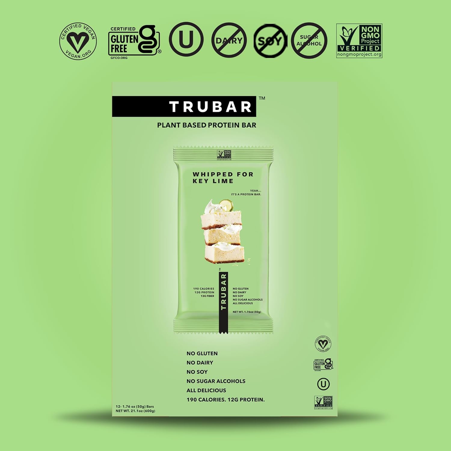 TRUBAR Vegan Protein Bar, Whipped for Key Lime, Gluten Free, Plant Based Protein, Dairy Free, Non GMO, Soy Free, No Sugar Alcohols, 12G Protein, 12G Fiber, 23G Carb, on the Go Snack Bars, 12 CT : Health & Household