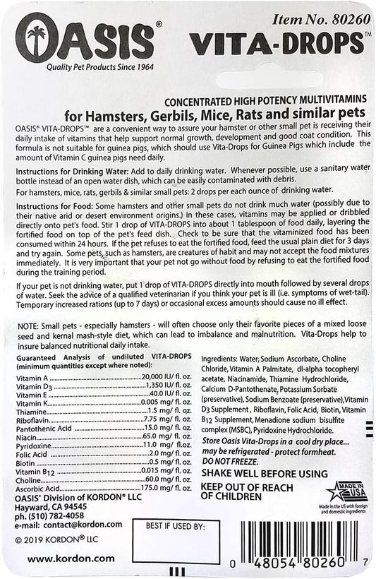 Oasis Hamster Vita-Drops All-in-1 Multivitamins - Daily Vitamin Supplement Supports Healthy Bones & Teeth, Joints & Digestion, Promotes Healthy Skin Coat, Orange Flavor, 2-Ounces