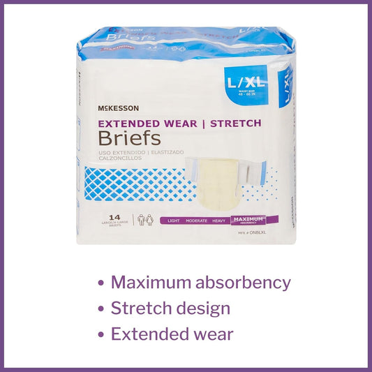 Mckesson Extended Wear Stretch Briefs, Incontinence, Maximum Absorbency, Large, 14 Count, 4 Packs, 56 Total