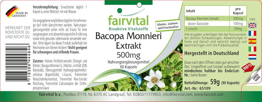 Fairvital | Bacopa Monnieri extract 500mg, Brahmi, vegan, without magnesium stearate, 90 bacopa capsules