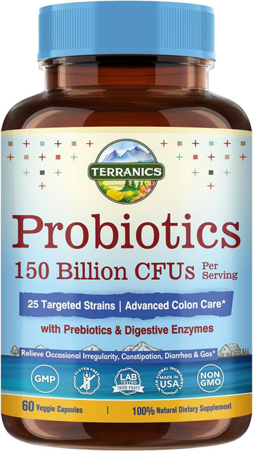 Terranics Daily Probiotics For Men & Women, 150 Billion 25 Strains Colon Care Probiotics, With Prebiotics & Enzymes, Healthy Regularity, Delayed Release, Shelf Stable, 60 Veggie Caps