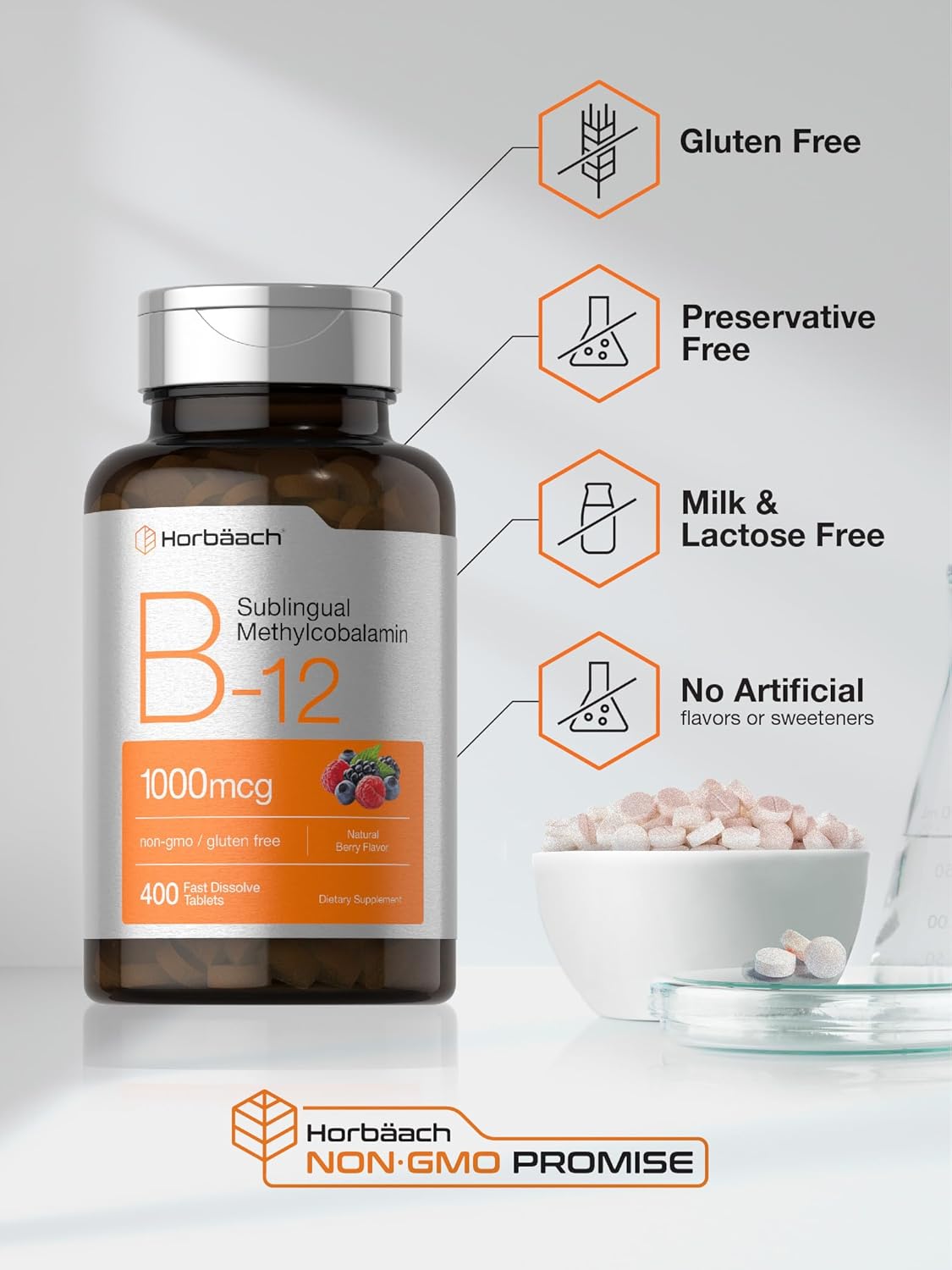 Horbäach Vitamin B12 Sublingual 1000 mcg | 400 Fast Dissolve Tablets | Methylcobalamin Supplement for Adults | Natural Berry Flavor | Vegan, Vegetarian, Non-GMO, and Gluten Free : Health & Household