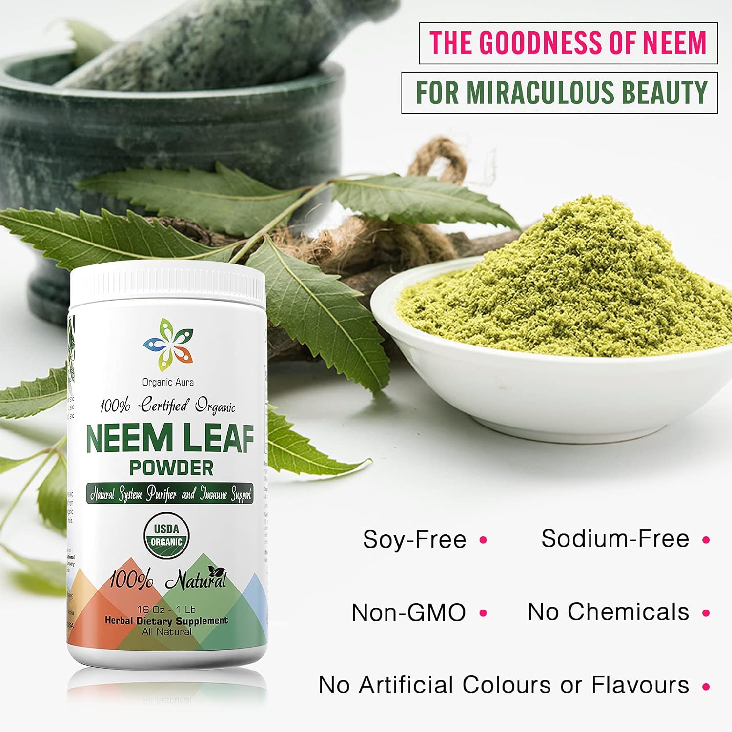 Organic Aura Neem Leaf Powder (Azadirachta Indica). 100% Pure Neem, Raw and Green. USDA Certified Organic Neem for Immune Support, Skin, and Hair. Naturall Source of Antioxidants and Detox. : Health & Household