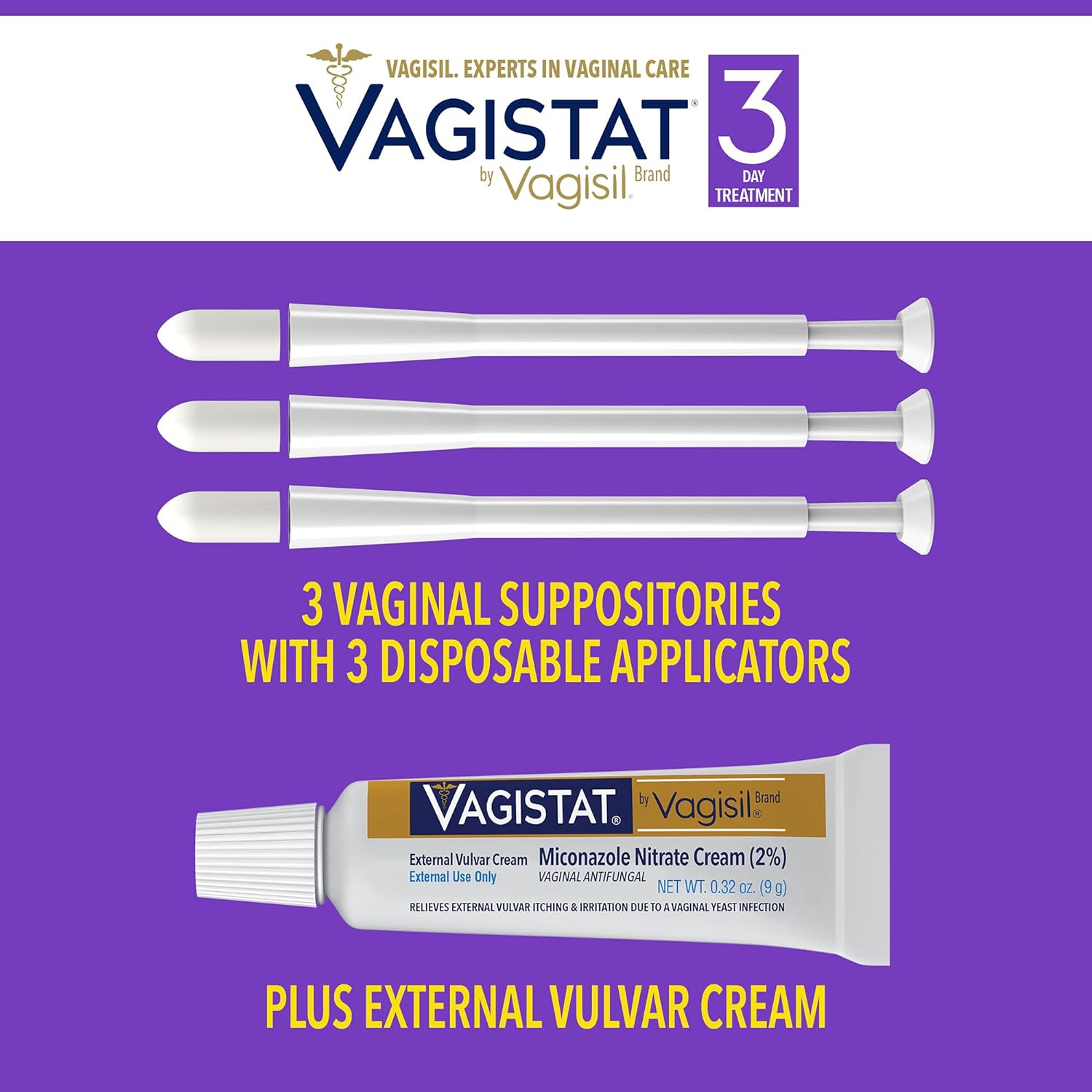 Vagistat 3 Day Yeast Infection Treatment for Women, Relieves External Itching and Irritation - 2% External Miconazole Nitrate Cream, 3 Disposable Suppositories & Applicators, by Vagisil (Pack of 1) : Health & Household