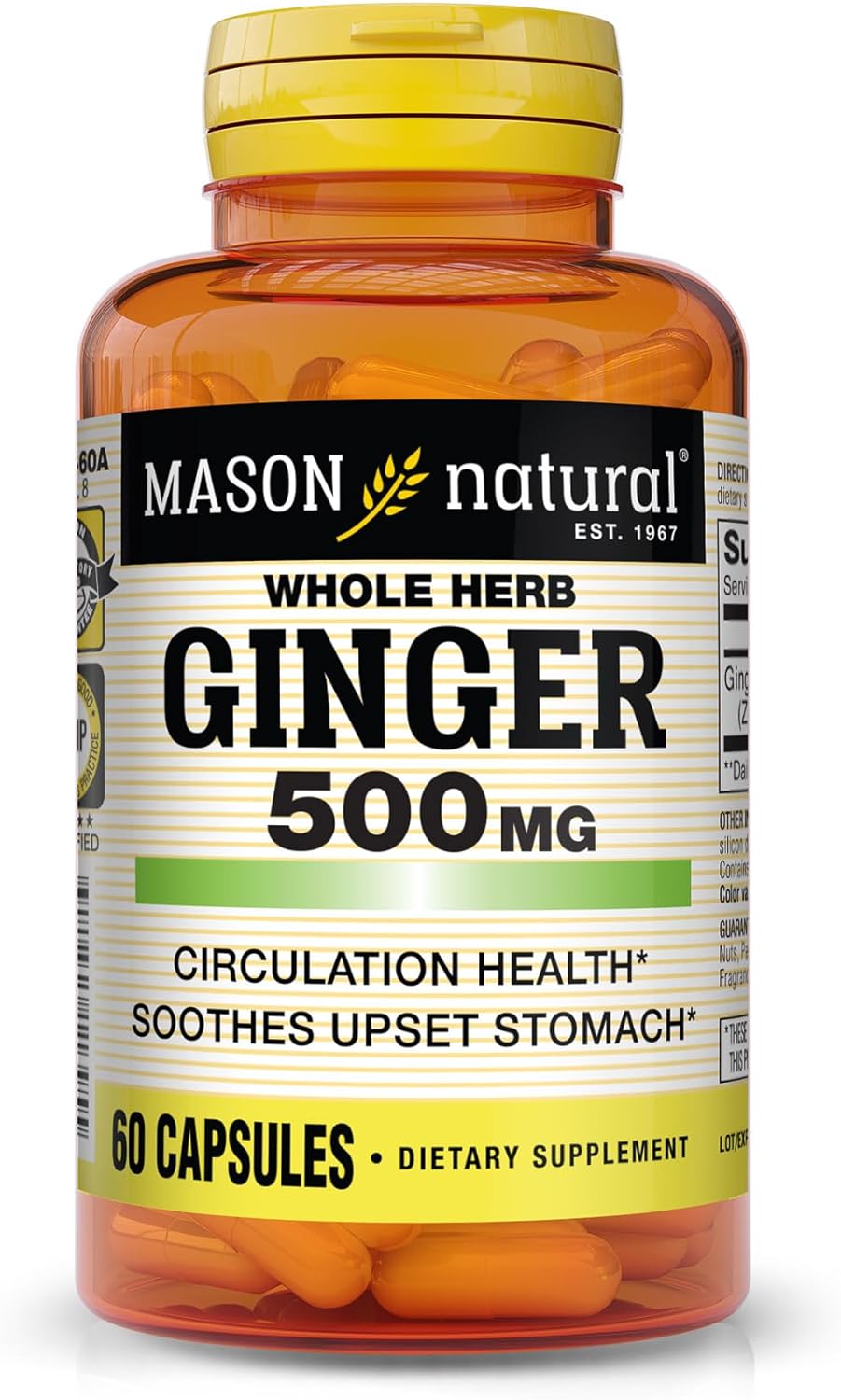 MASON NATURAL Whole Herb Ginger 500 mg, Natural Herbal Supplement, 60 Capsules