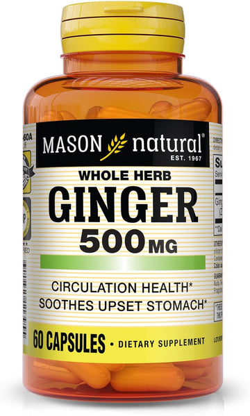 MASON NATURAL Whole Herb Ginger 500 mg, Natural Herbal Supplement, 60 Capsules