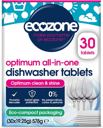 Ecozone Optimum All In One Dishwasher Tablets X 30, Dishwashing Tablets With Salt, Rinse Aid & Extra Dry Effect, Powerful Degreaser & Dish Washer Tabs, Eco Conscious & Gentle On Appliances