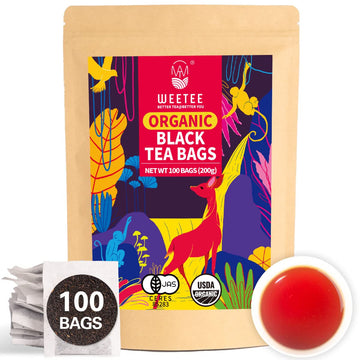 Wt Weetee Organic Black Tea Bags, Usda Organic Black Tea 100 Count, Antioxidant, Caffeinated | Resealable Kraft Bag | Brew Hot Or Iced