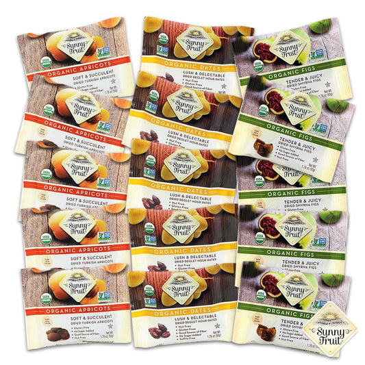 Sunny Fruit Organic Dried Fruit Assortment - Dates, Figs & Apricots Variety, 3 Bags (15 Individual Portion Packs) | Organic, Non-Gmo, Vegan, Halal, Kosher, No Preservatives, No Sugar Added