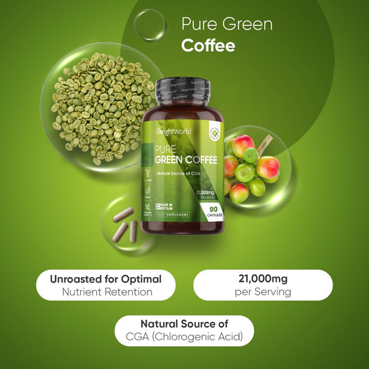 Pure Green Coffee Capsules | 21,000Mg Per Serving | 90 Unroasted Green Coffee Capsules | Vegan | Natural Source Of Chlorogenic Acid | Made In Britain