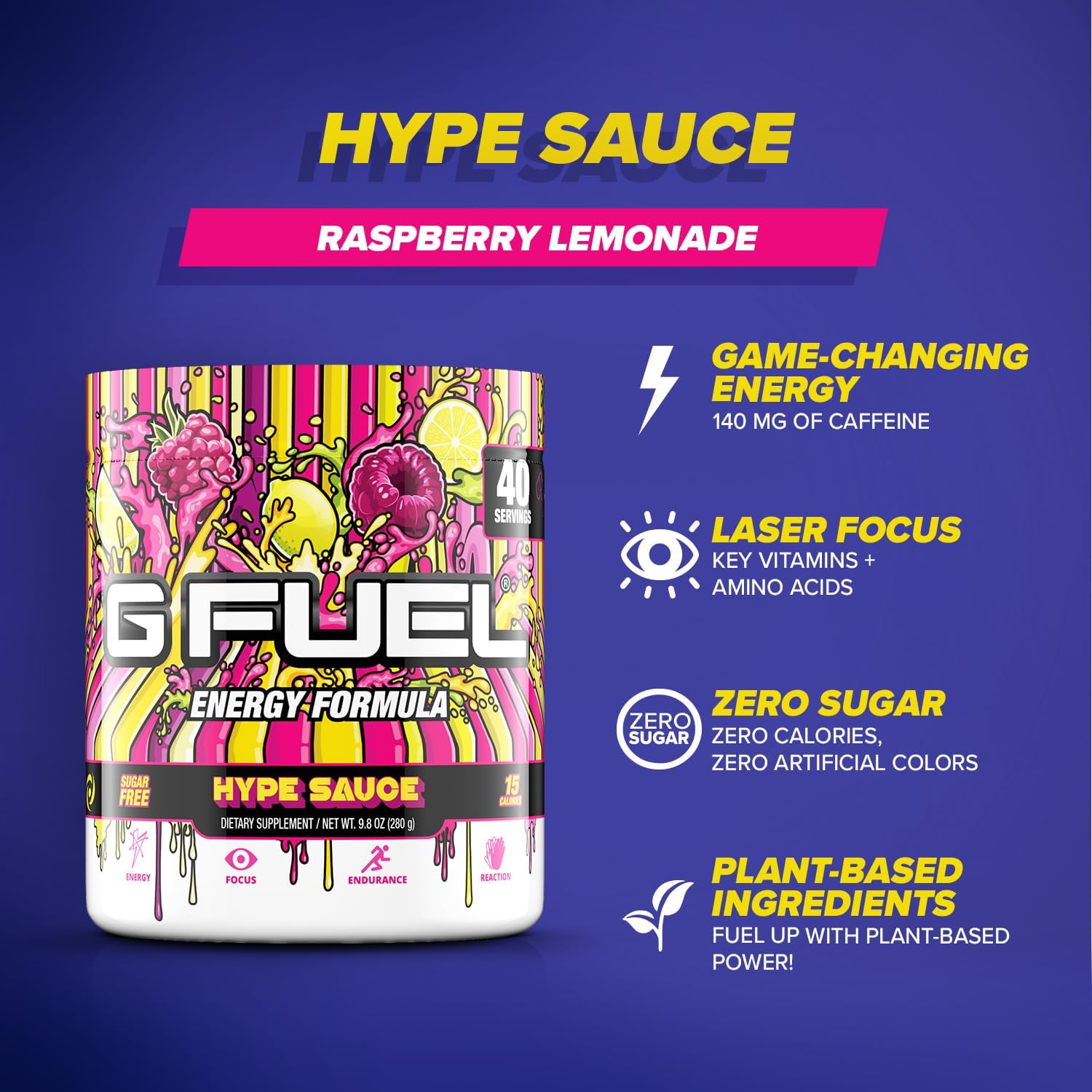 G Fuel Hype Sauce Energy Powder, Sugar Free, Clean Caffeine Focus Supplement, Water Mix, Raspberry Lemonade Flavor, Focus Amino, Vitamin + Antioxidants Blend, 9.8 oz (40 Servings) : Health & Household