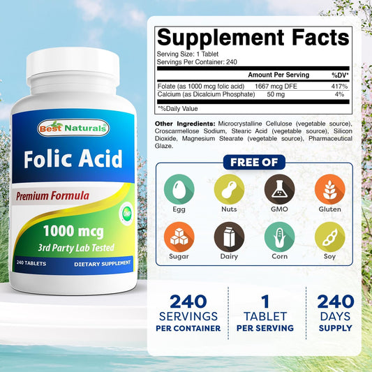 Best Naturals Folic Acid 1000 Mcg (Vitamin B9), 240 Tablets