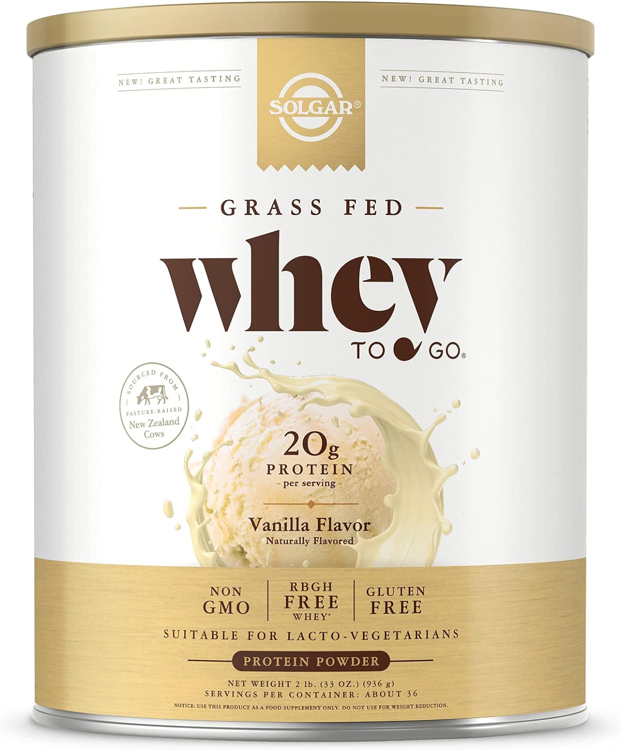 Solgar Grass Fed Whey to Go Protein Powder Vanilla, 2 lb - 20g of Gras