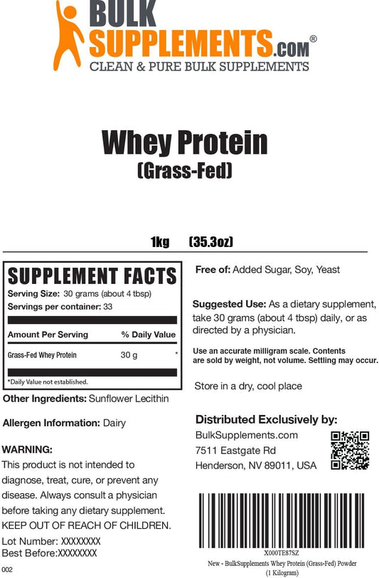 BULKSUPPLEMENTS.COM Grass Fed Whey Protein Powder - Pure Protein Powde
