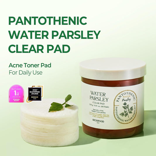 Skinfood Pantothenic Water Parsley Clear Toner Pad, Daily Acne Exfoliating Pads For Sensitive Skin, Korean Skincare Sebum Control Face Toner For Acne Prone Skin, 8.81 Oz (60 Pads)