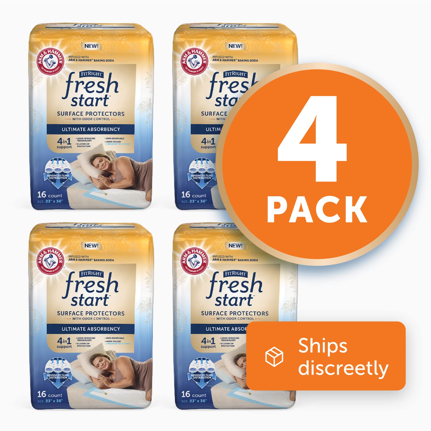 FitRight Fresh Start Disposable Underpads 23" x 36" (64 Count) Bed Pads for Incontinence, Absorbent Chucks Pads with The Odor-Control Power of ARM & Hammer (16 Count, Pack of 4): Industrial & Scientific