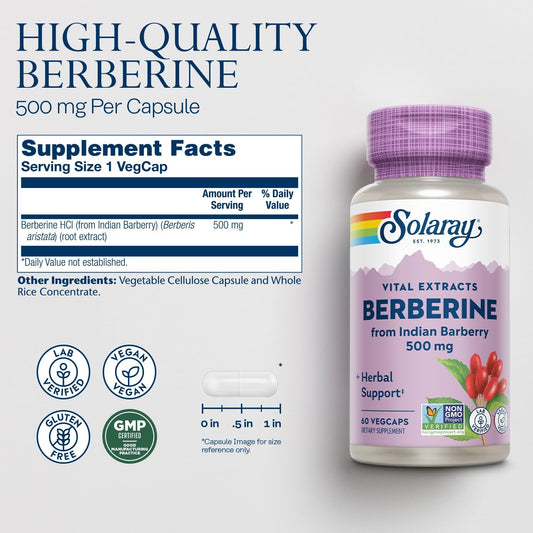 Solaray Berberine 500Mg - Berberine Supplement For A Healthy, Active Lifestyle - With Berberine Hcl From Indian Barberry - Vegan, Non-Gmo, 60-Day Guarantee, Lab Verified - 60 Servings, 60 Vegcaps