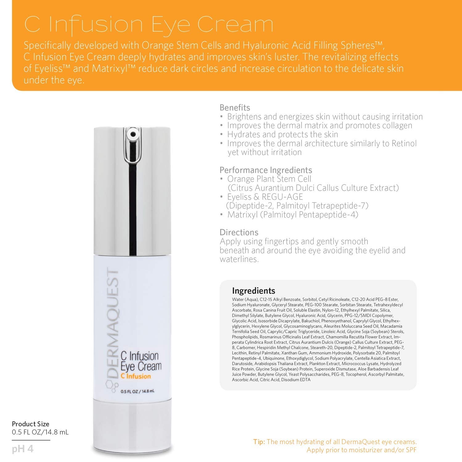 Dermaquest C Infusion Hydrating Revitalizing Eye Cream - Eye Bags Reducer, Eye Puffiness Treatment & Under Eye Cream For Dark Circles (0.5 Oz) : Beauty & Personal Care