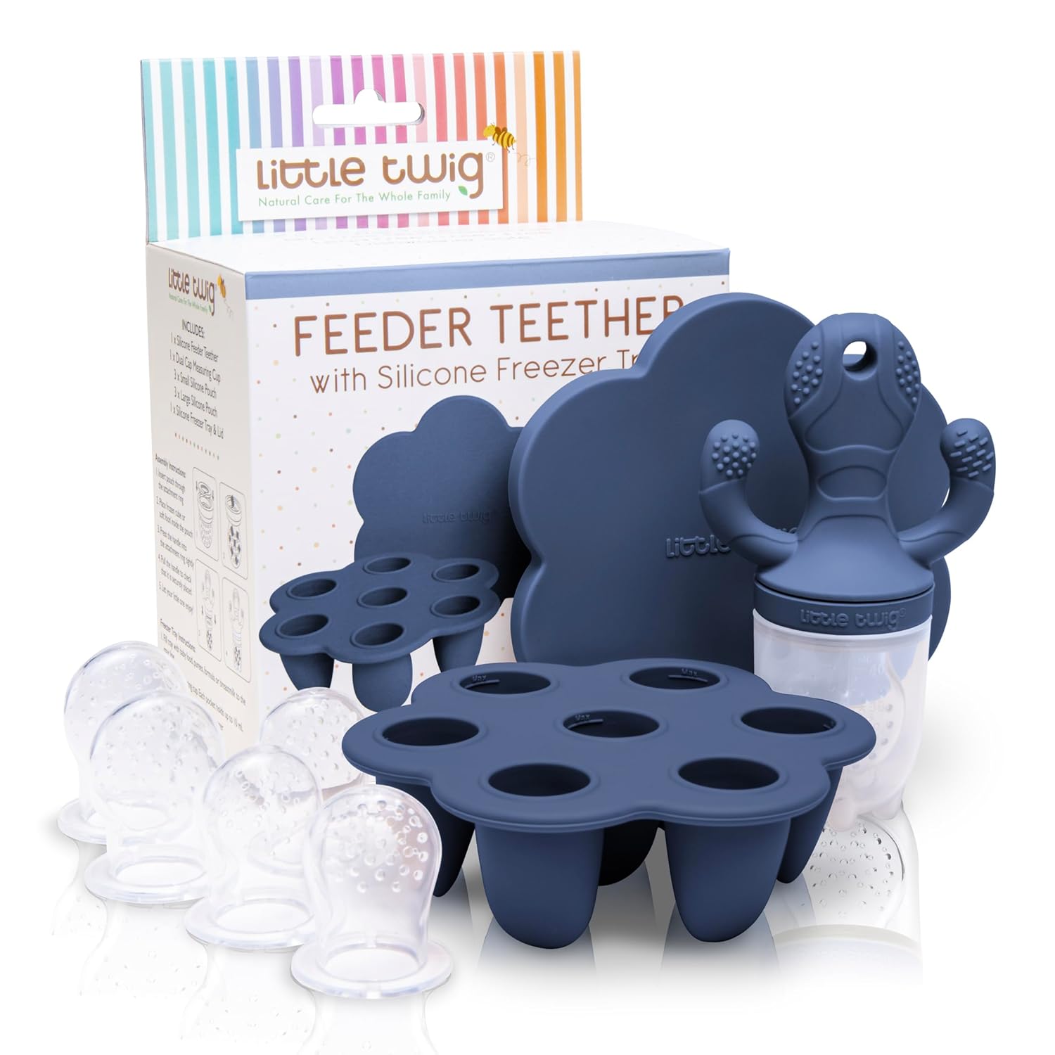 Little Twig Baby Fruit Feeder Pacifier Teether | Food Freezer Tray With Lid | Bpa Free Silicone Freezable Teether | Feeding Set For Breast Milk Ice Cubes, Baby Food, Fruit Purees (Steel Blue)