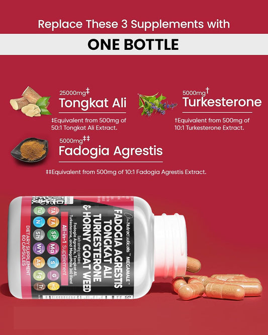 Fadogia Agrestis 5000Mg Tongkat Ali 25000Mg Turkesterone 5000Mg Supplement With Horny Goat Weed, Saw Palmetto, Maca Root, Siberian Ginseng, Tribulus Terrestris, Fenugreek, Wild Yam - 60 Count