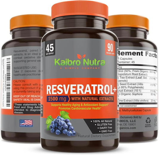 Kaibro Nutra Resveratrol 1500Mg Per Serving Of Organic Trans-Resveratrol & Potent Antioxidants, Pure Extra Strength Complex, Anti-Aging, Radiant Skin And Immunity Support- 45 Day Supply
