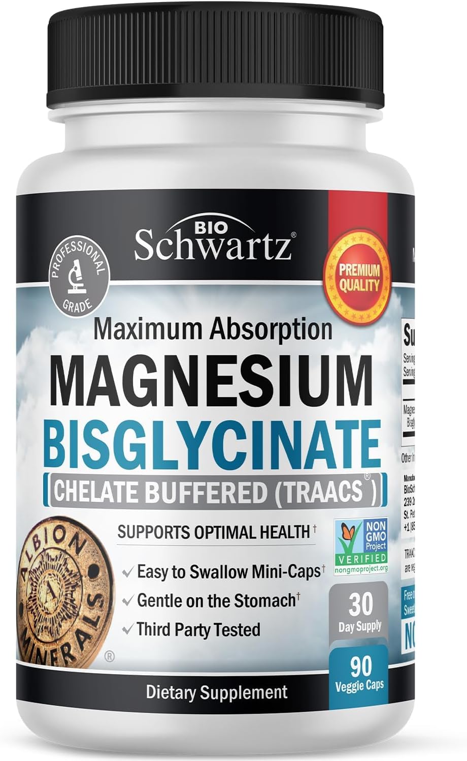 Magnesium Bisglycinate 100% Chelate No-Laxative Effect - Maximum Absorption & Bioavailability, Fully Reacted & Buffered - Healthy Energy Muscle Bone & Joint Support - Non-Gmo Project Verified - 90 Ct
