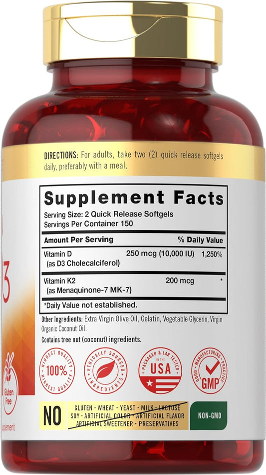 Carlyle Vitamin K2 And D3 Supplement | 300 Softgels | 200Mcg K2 Mk7 & 250Mcg D3 | Non-Gmo, Gluten Free