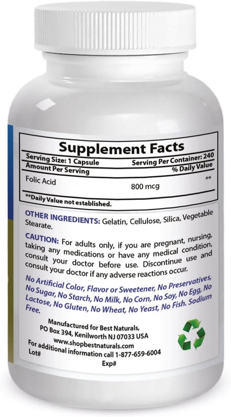 Best Naturals Folic Acid 800 Mcg 240 Capsules : Health & Household