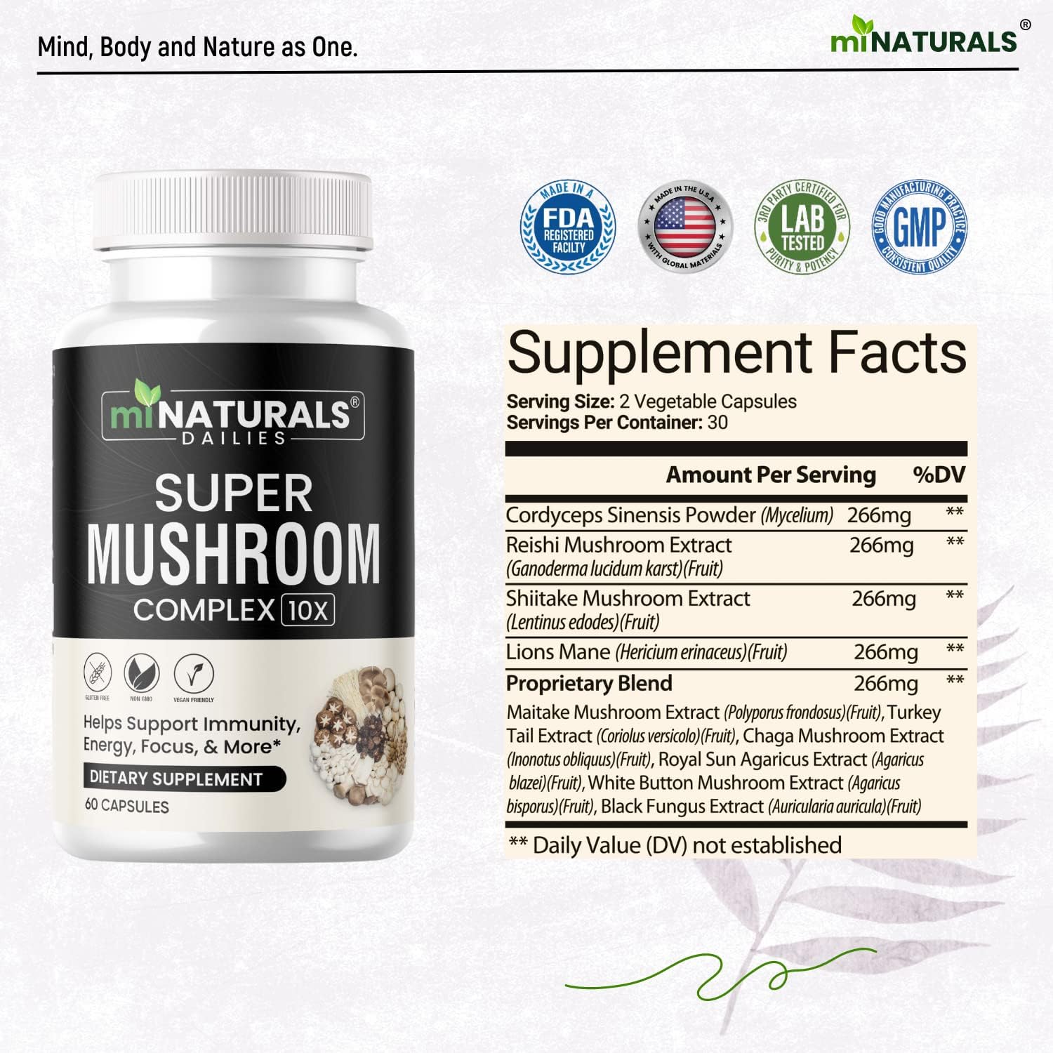 MINATURALS Mushroom Complex Capsule - Lion's Mane, Reishi, Cordyceps, Chaga, Turkey Tail, Maitake - Supplement Real Fruiting Body - 10 in 1 : Health & Household