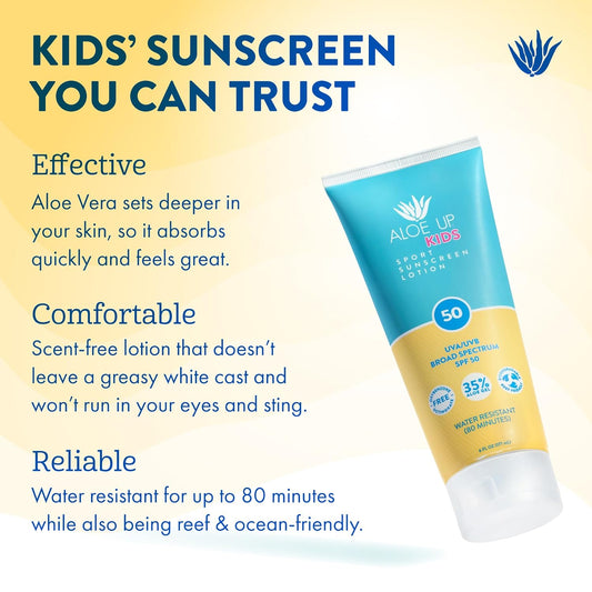 Aloe Up Kids Sport Sunscreen Lotion SPF 50 - Broad Spectrum Sheer Face and Body Sunscreen Protector for Sensitive Skin - With Aloe Vera Gel - Dries Fast - Reef Safe - Fragrance-Free - 6 Oz