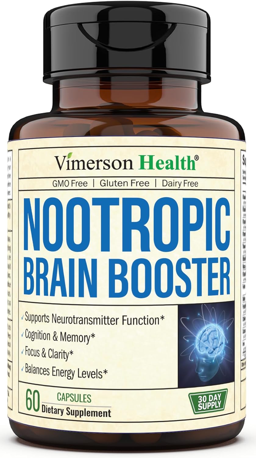 Nootropics Brain Support Supplement - Nootropic Brain Booster for Improved Focus, Concentration & Memory. Brain Nootropic for Brain Health, Mood & Energy Support. Non-GMO. Made in the USA. 60 Capsules