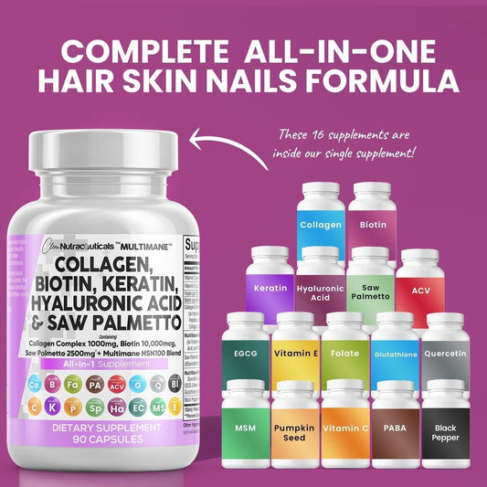 Clean Nutraceuticals Collagen Pills 1000Mg Biotin 10000Mcg Keratin Saw Palmetto 2500Mg Hyaluronic Acid - Hair Skin & Nails Vitamins & Dht Blocker With Vitamin E Folic Acid Pumpkin Seed Msm - 90 Count