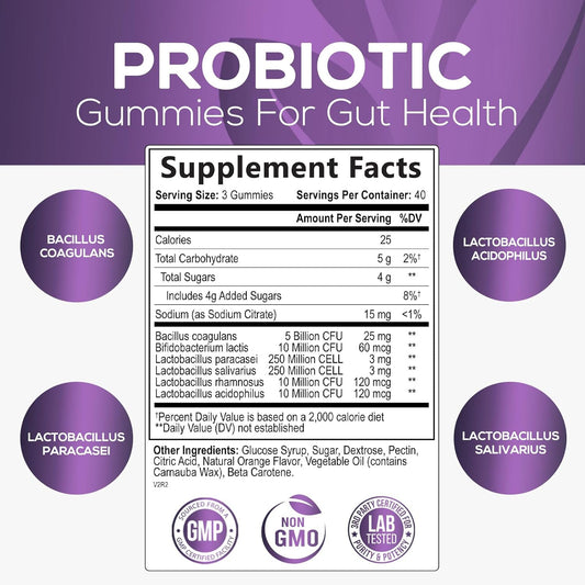 Nature's Nutrition Probiotics for Women & Men Gummy, Extra Strength 5 Billion CFU, Lactobacillus Acidophilus Daily Probiotic Supplement, Supports Immune & Digestive Health, Orange Flavor, 120 Gummies