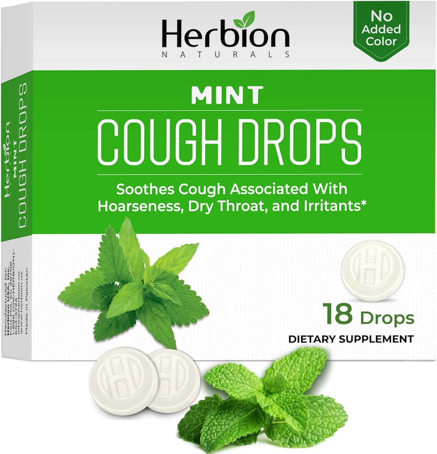 Herbion Naturals Cough Drops With Mint Flavor, Soothes Cough, For Adults And Children Over 6 Years, 18 Drops, No Artificial Flavor, No Added Color