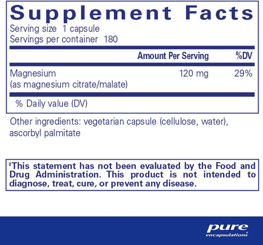 Pure Encapsulations Magnesium (Citrate/Malate) - Magnesium Supplement To Support Nutrient Utilization, Energy, Bones & Heart Health* - With Magnesium Citrate & Malate - 180 Capsules