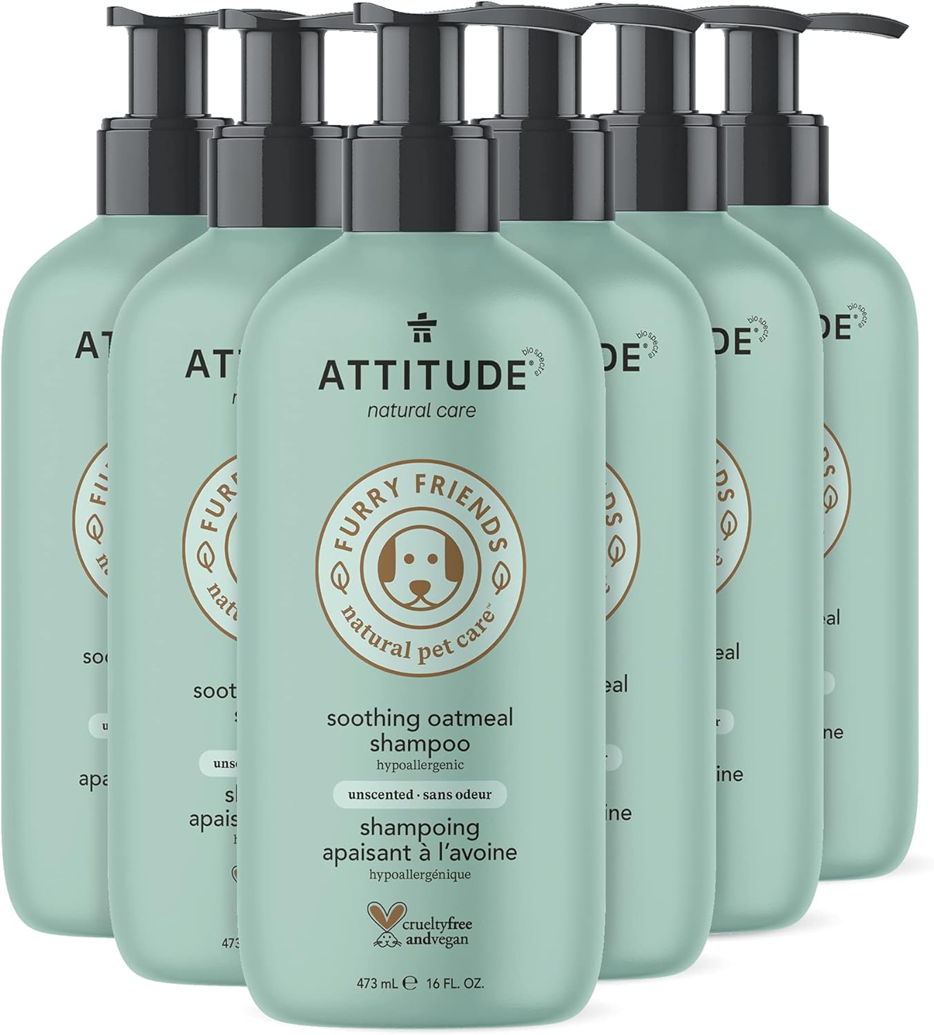 ATTITUDE Natural Soothing Shampoo for Cat & Dog, Vegan and Cruelty-Free, Unscented, 16 Fl Oz (Pack of 6)