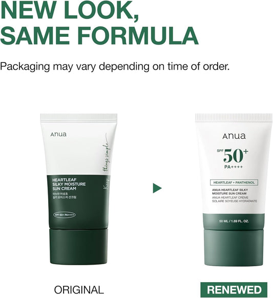 Anua Heartleaf Silky Moisture Sun Cream Spf 50 Pa++++, Korean Sunscreen For Face, Korean Skincare, Korean Makeup Base, Niacinamide, Fragrance Free, Travel Essentials, No White Cast, 50Ml /1.69Fl.Oz