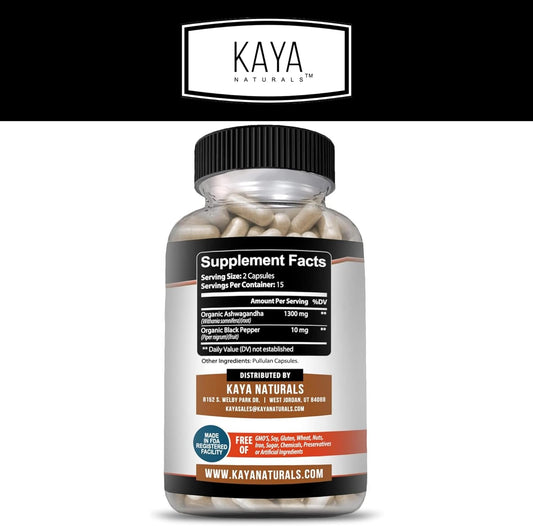 Kaya Naturals Organic Ashwagandha Root With Black Pepper | Maximum Strength 1300Mg Adaptogen Supplement, Support Adrenal, Glandular Health, Mood Relief, Focus, Energy & Vitality For Men & Women