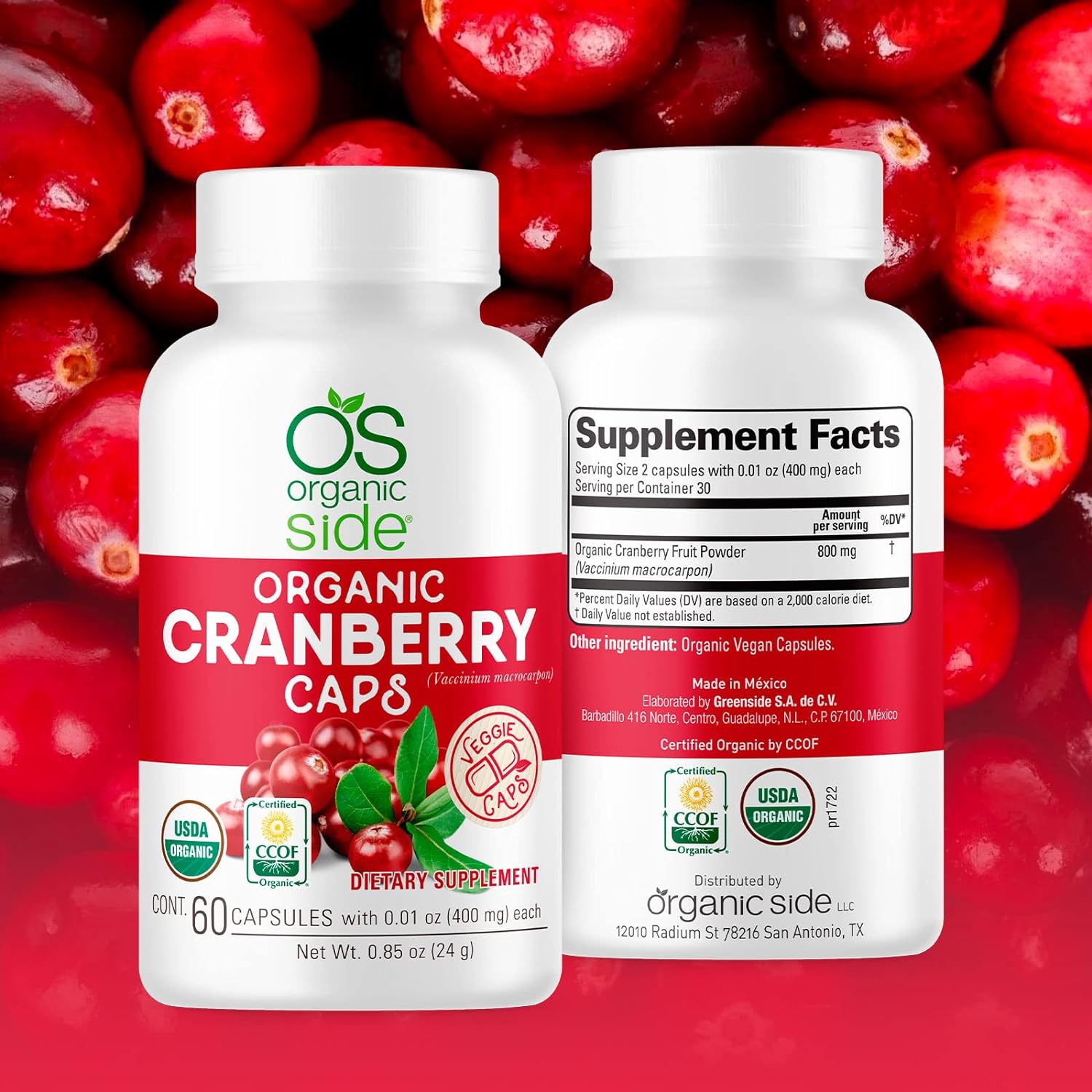 OS Organic Side - Organic Cranberry 60 Capsules - Prevention of UTI - Certified USDA - Non GMO - Vegan