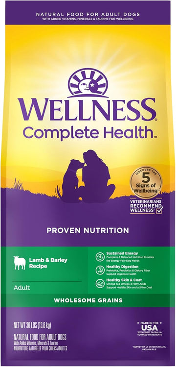 Wellness Complete Health Dry Dog Food With Grains, Made In Usa With Real Meat & Natural Ingredients, All Breeds, Adult Dogs (Lamb & Barley, 30-Lb) – With Nutrients For Immune, Skin, & Coat Support, 30.00 Pound (Pack Of 1)