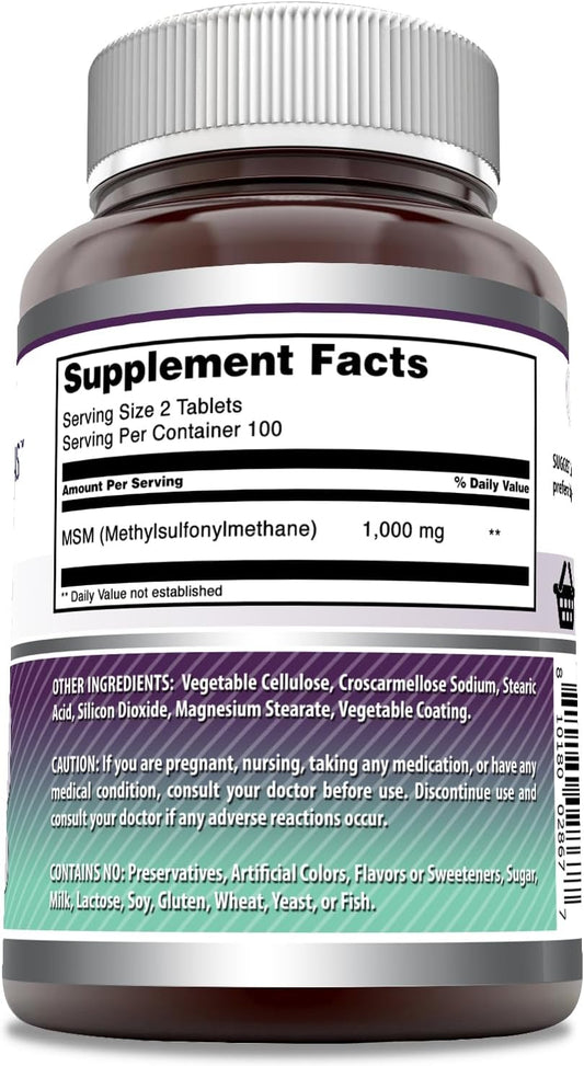 Amazing Formulas Msm (Methylsulfonylmethane) Supplement | 1000 Mg Per Serving | 200 Tablets | Non-Gmo | Gluten Free | Made In Usa