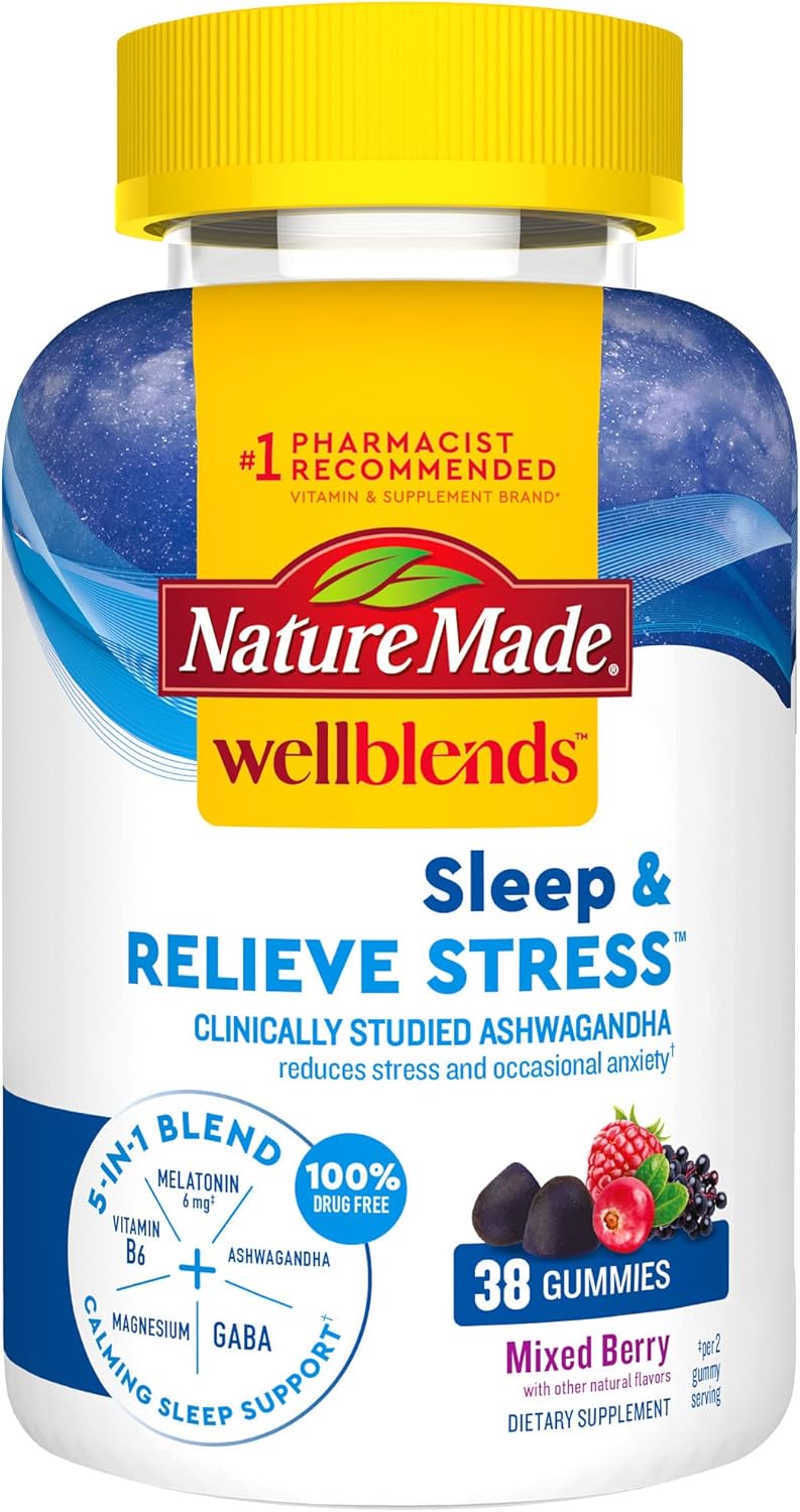 Nature Made Wellblends Sleep & Relieve Stress Gummies, Melatonin 6Mg, Gaba 100Mg, Ashwagandha 125Mg, Magnesium Citrate, Vitamin B6 Blend, Sleep Aid & Stress Relief, 38 Gummy Vitamins