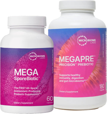 Microbiome Labs Megasporebiotic (60 Capsules) + Megapre (180 Capsules) Probiotic Prebiotic Bundle - Spore-Based Probiotic With Prebiotic Fiber Supplement