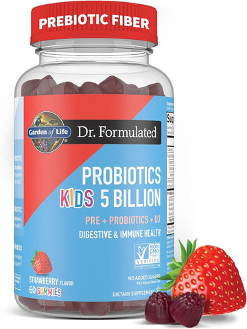 Garden Of Life Dr Formulated 5 Billion Cfu Prebiotic Fiber, Probiotic And Vitamin D3 Gummies For Kids Digestive & Immune Health – Gluten Free, Non Gmo, No Added Sugars, Strawberry Flavor, 60 Gummies
